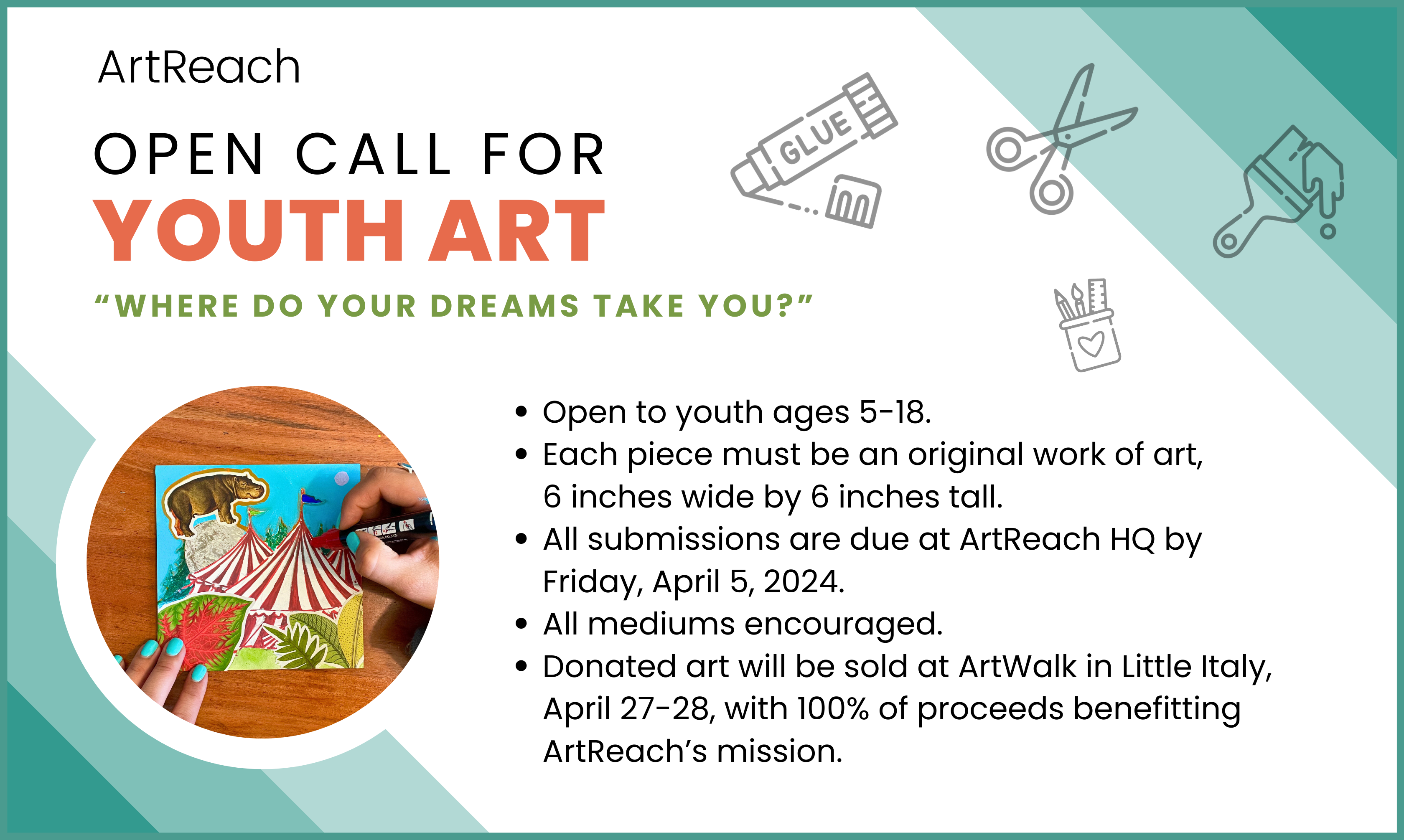 ArtReach's Open Call for Youth Art, open to ages 5-18 following the prompt "Where do Your Dreams Take You?". Submissions are due at the ArtReach office by Friday, April 5, 2024.